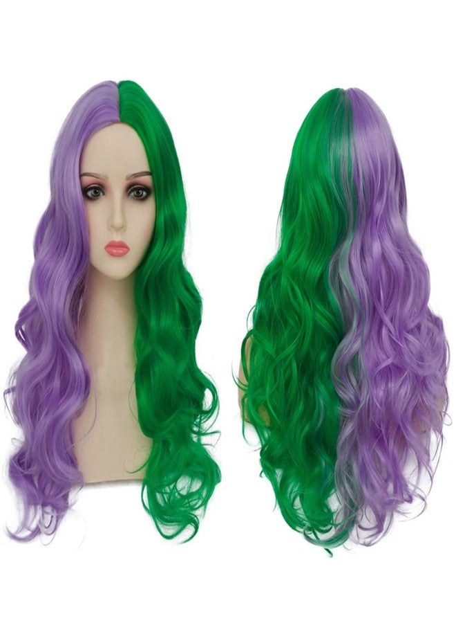Dai Cloud Half Purple and Half Green Curly Wigs for Women Long Middle Part Split Wig Cosplay Hair Wig(Green and Purple) - Image 2